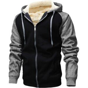 Men’s Black Dark Gray Hooded Zip-Up Winter Jacket with Plush Fleece Lining.